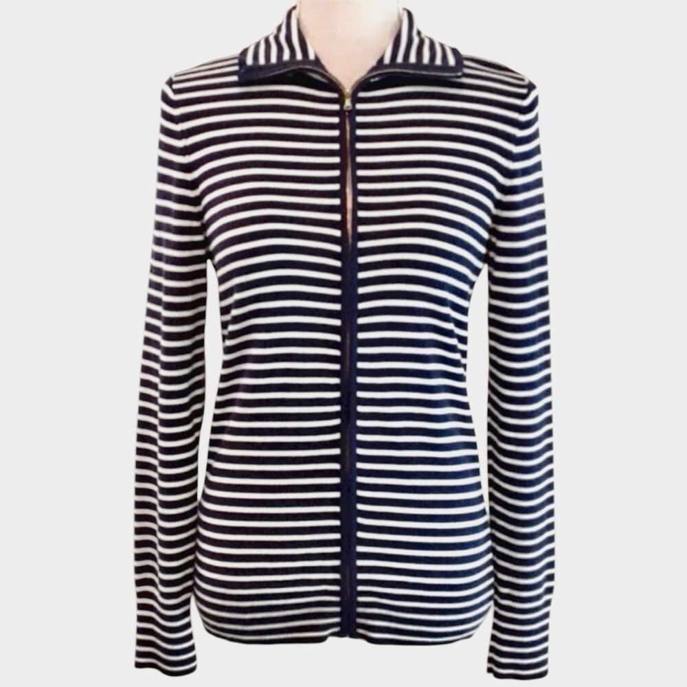 Talbots Lightweight Full Zip Navy White Striped Sweater Jacket Women's Size M
